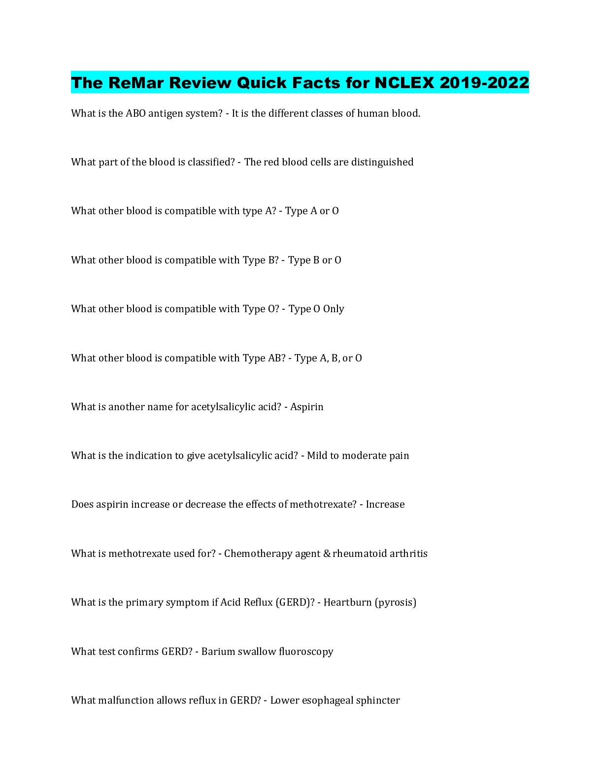 Preview image for The ReMar Review Quick Facts for NCLEX 2019-2022